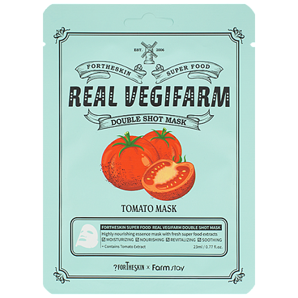 Тканевая маска для сияния кожи с экстрактом томата, FarmStay + Fortheskin Super Food Real Vegifarm Double Shot Mask-Tomato
